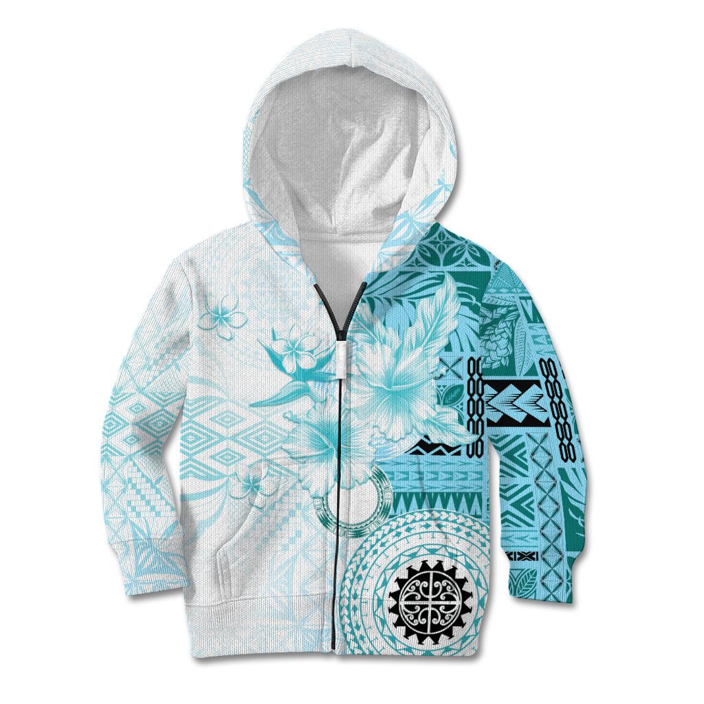 Samoa Siapo Pattern With Teal Hibiscus Kid Hoodie LT05 Zip Hoodie Teal - Polynesian Pride