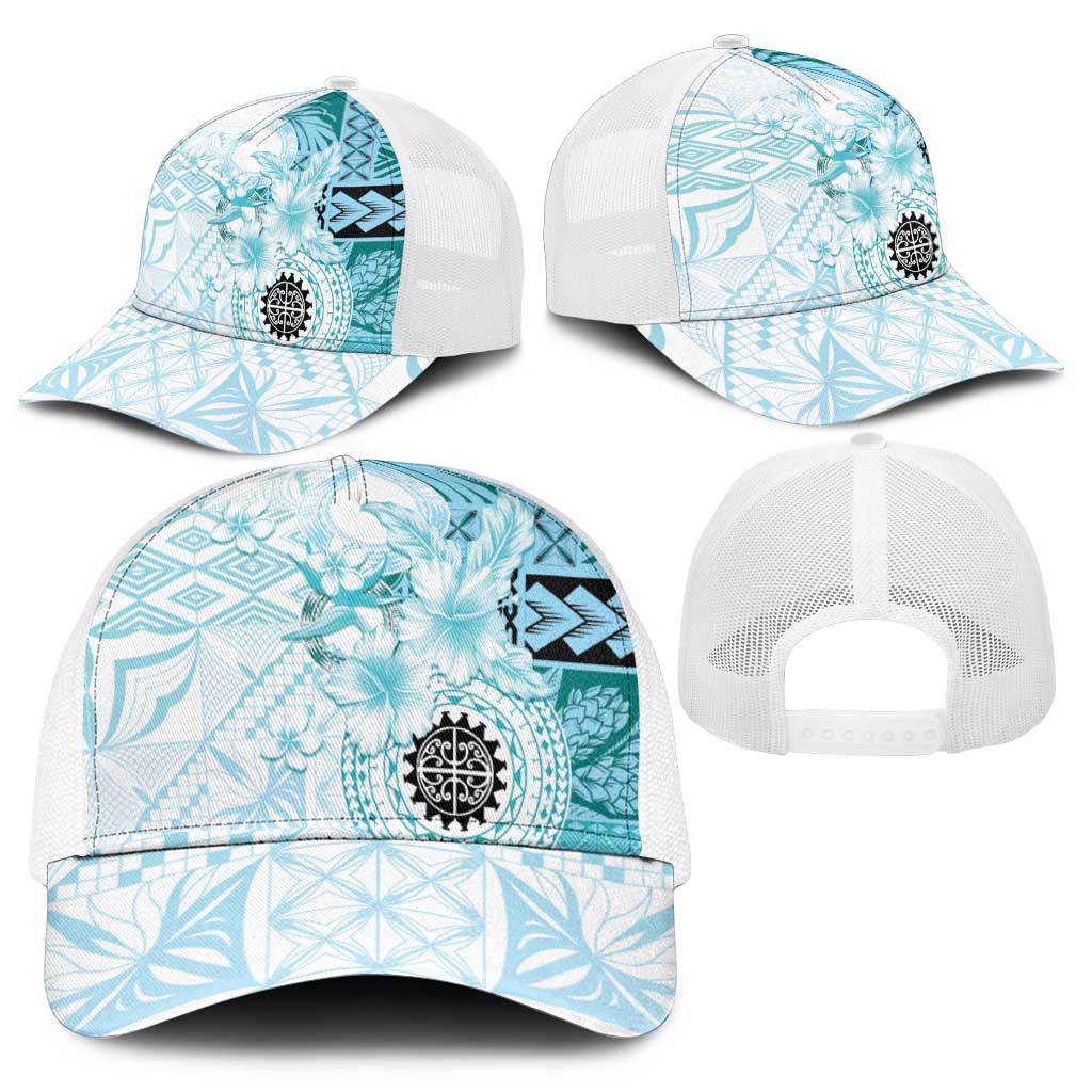 Samoa Siapo Pattern With Teal Hibiscus Mesh Trucker Cap - Polynesian Pride