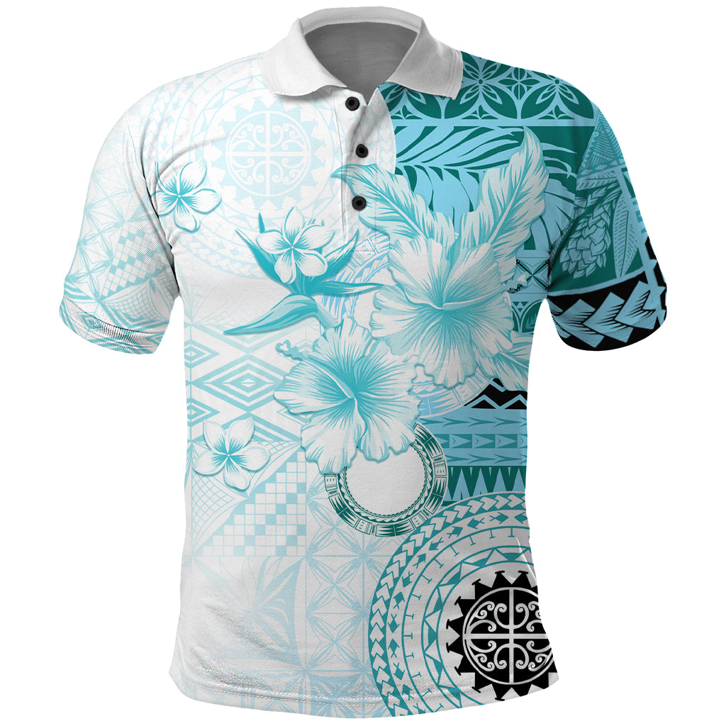 Samoa Siapo Pattern With Teal Hibiscus Polo Shirt LT05 Teal - Polynesian Pride