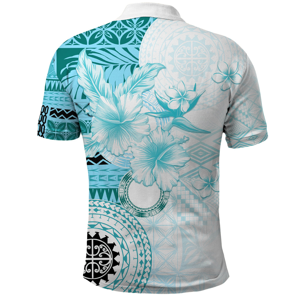 Samoa Siapo Pattern With Teal Hibiscus Polo Shirt - LT05 - Polynesian Pride