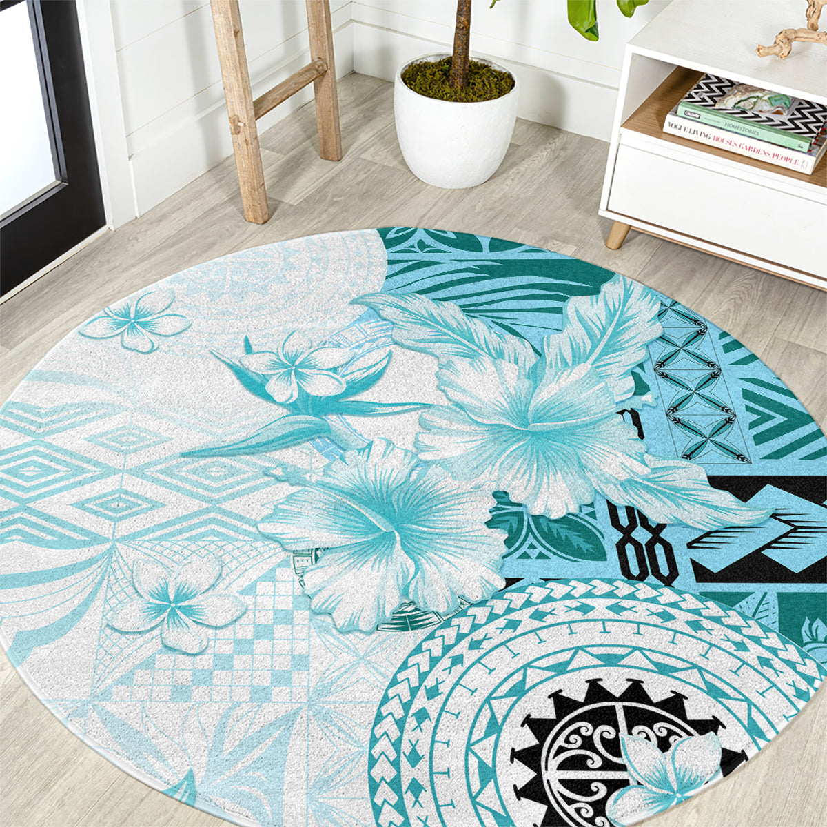 Samoa Siapo Pattern With Teal Hibiscus Round Carpet