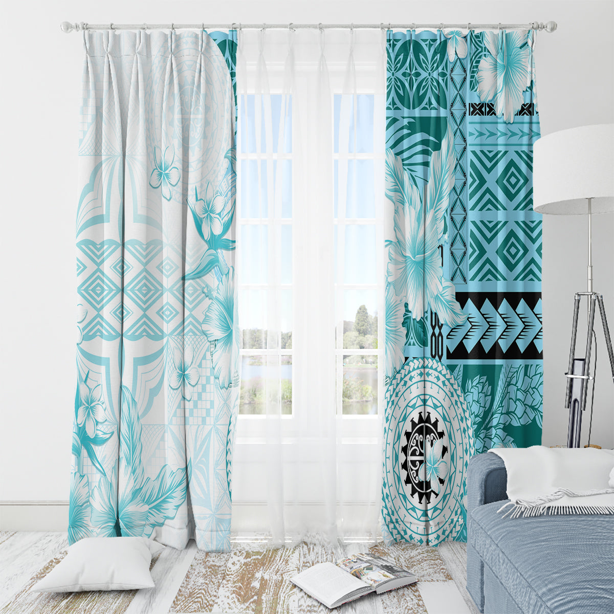 Samoa Siapo Pattern With Teal Hibiscus Window Curtain