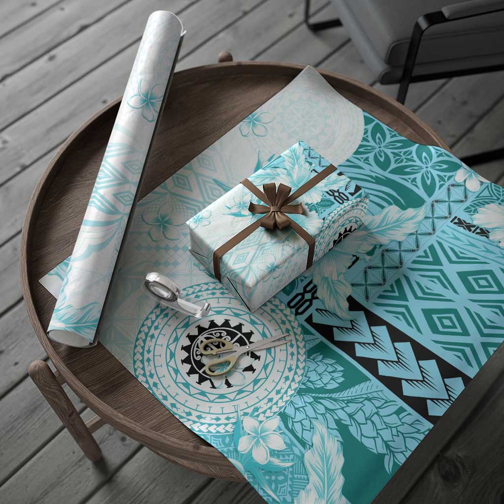 Samoa Siapo Pattern With Teal Hibiscus Wrapping Paper - Polynesian Pride