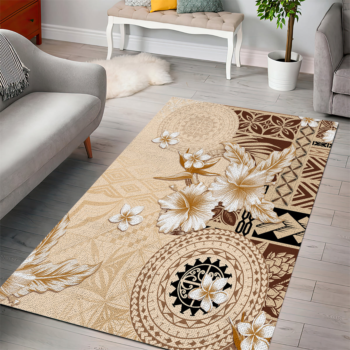 Samoa Siapo Pattern With Beige Hibiscus Area Rug