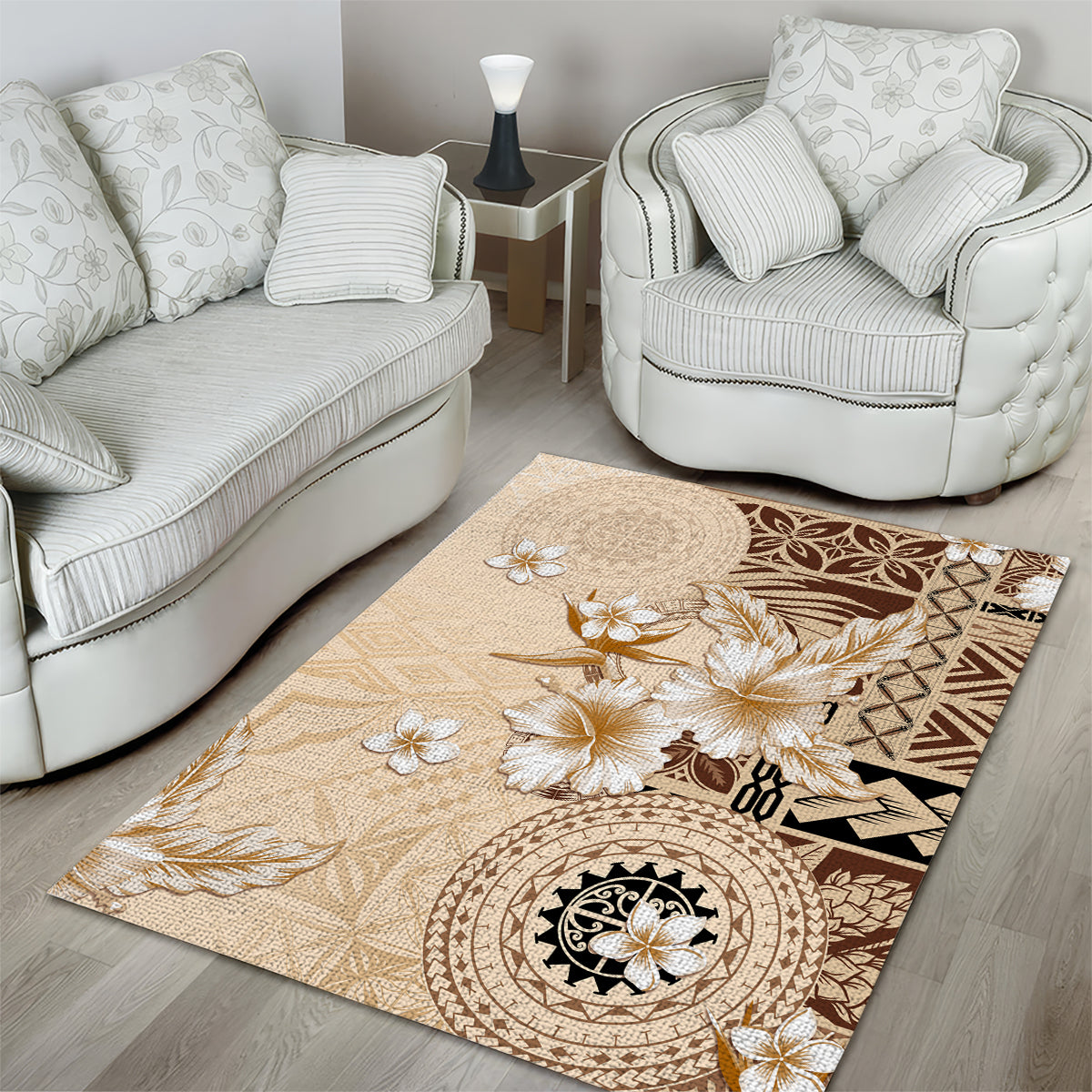 Samoa Siapo Pattern With Beige Hibiscus Area Rug