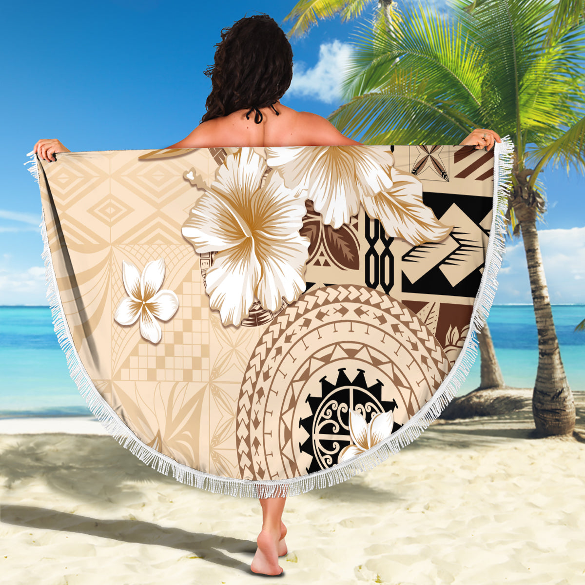 Samoa Siapo Pattern With Beige Hibiscus Beach Blanket
