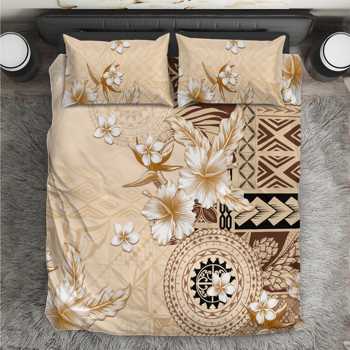 Samoa Siapo Pattern With Beige Hibiscus Bedding Set