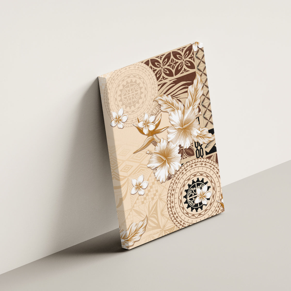Samoa Siapo Pattern With Beige Hibiscus Canvas Wall Art