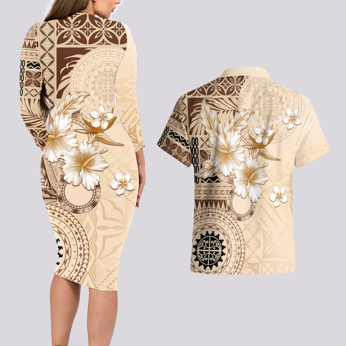 Samoa Siapo Pattern With Beige Hibiscus Couples Matching Long Sleeve Bodycon Dress and Hawaiian Shirt LT05 - Polynesian Pride