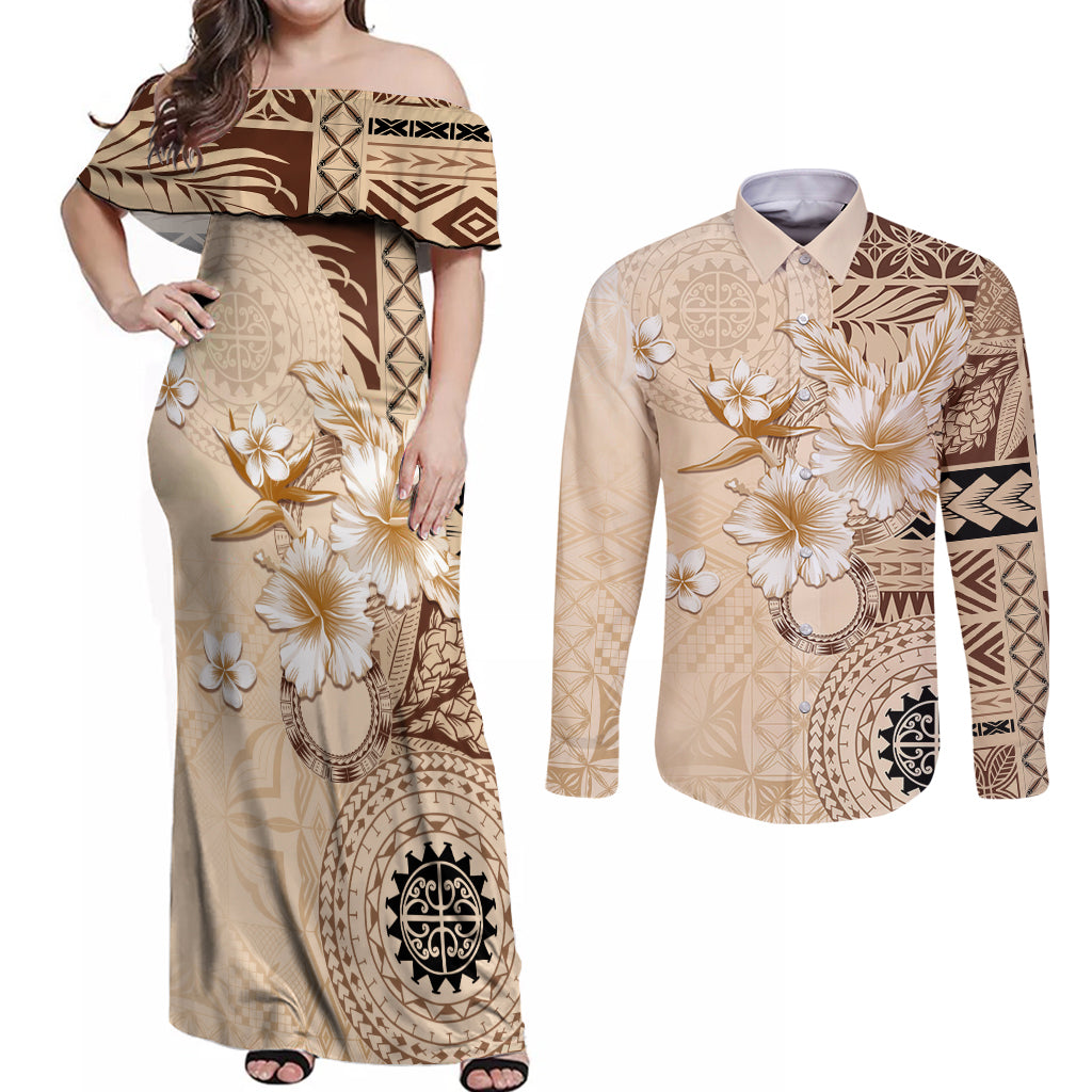 Samoa Siapo Pattern With Beige Hibiscus Couples Matching Off Shoulder Maxi Dress and Long Sleeve Button Shirt LT05 Beige - Polynesian Pride