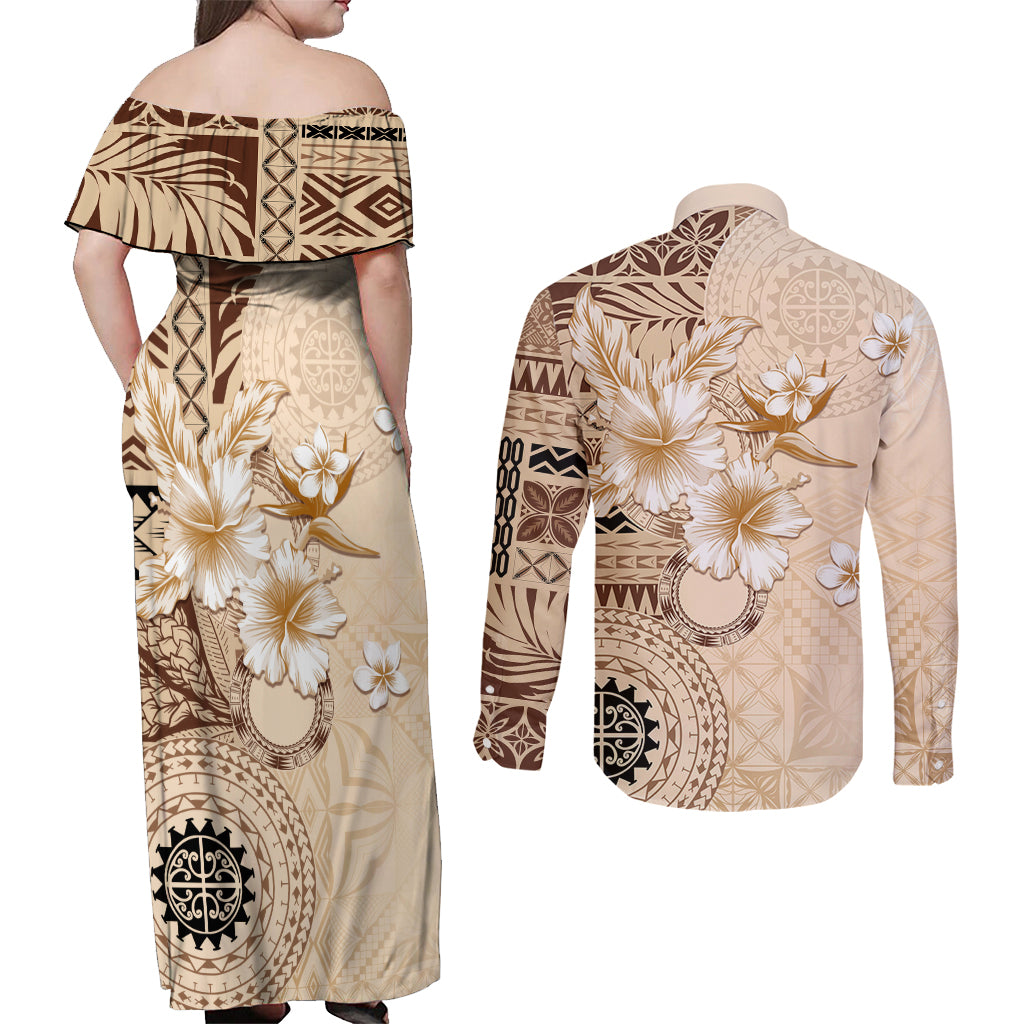 Samoa Siapo Pattern With Beige Hibiscus Couples Matching Off Shoulder Maxi Dress and Button Shirt - LT05 - Polynesian Pride