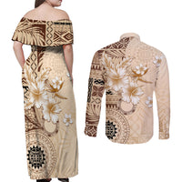 Samoa Siapo Pattern With Beige Hibiscus Couples Matching Off Shoulder Maxi Dress and Button Shirt - LT05 - Polynesian Pride