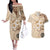 Samoa Siapo Pattern With Beige Hibiscus Couples Matching Off The Shoulder Long Sleeve Dress and Hawaiian Shirt LT05 Beige - Polynesian Pride