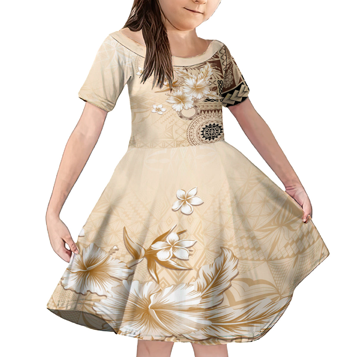 Samoa Siapo Pattern With Beige Hibiscus Family Matching Long Sleeve Bodycon Dress and Hawaiian Shirt LT05 Daughter's Dress Beige - Polynesian Pride
