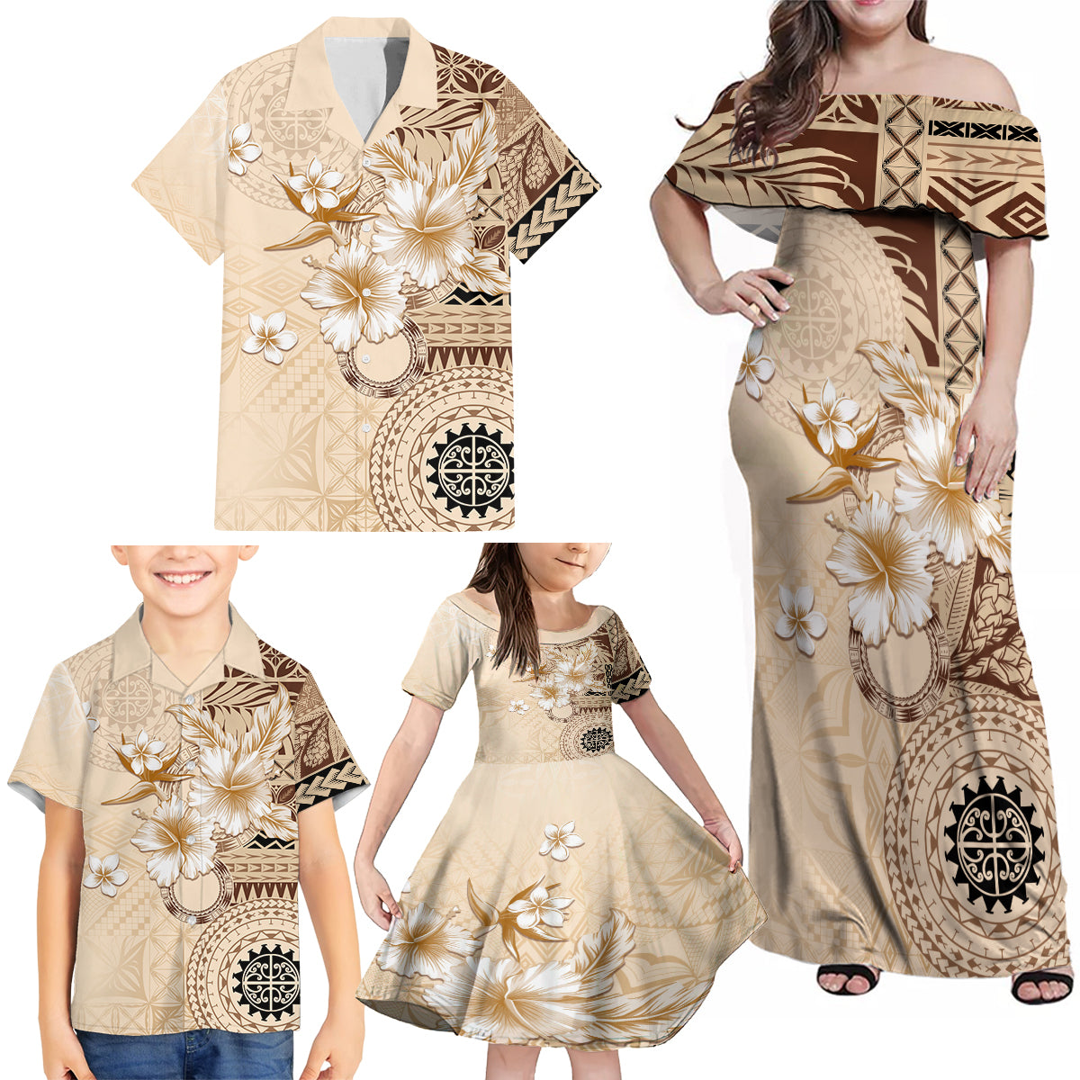 Samoa Siapo Pattern With Beige Hibiscus Family Matching Off Shoulder Maxi Dress and Hawaiian Shirt LT05 - Polynesian Pride