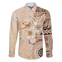 Samoa Siapo Pattern With Beige Hibiscus Family Matching Off Shoulder Short Dress and Hawaiian Shirt LT05 Dad's Shirt - Long Sleeve Beige - Polynesian Pride