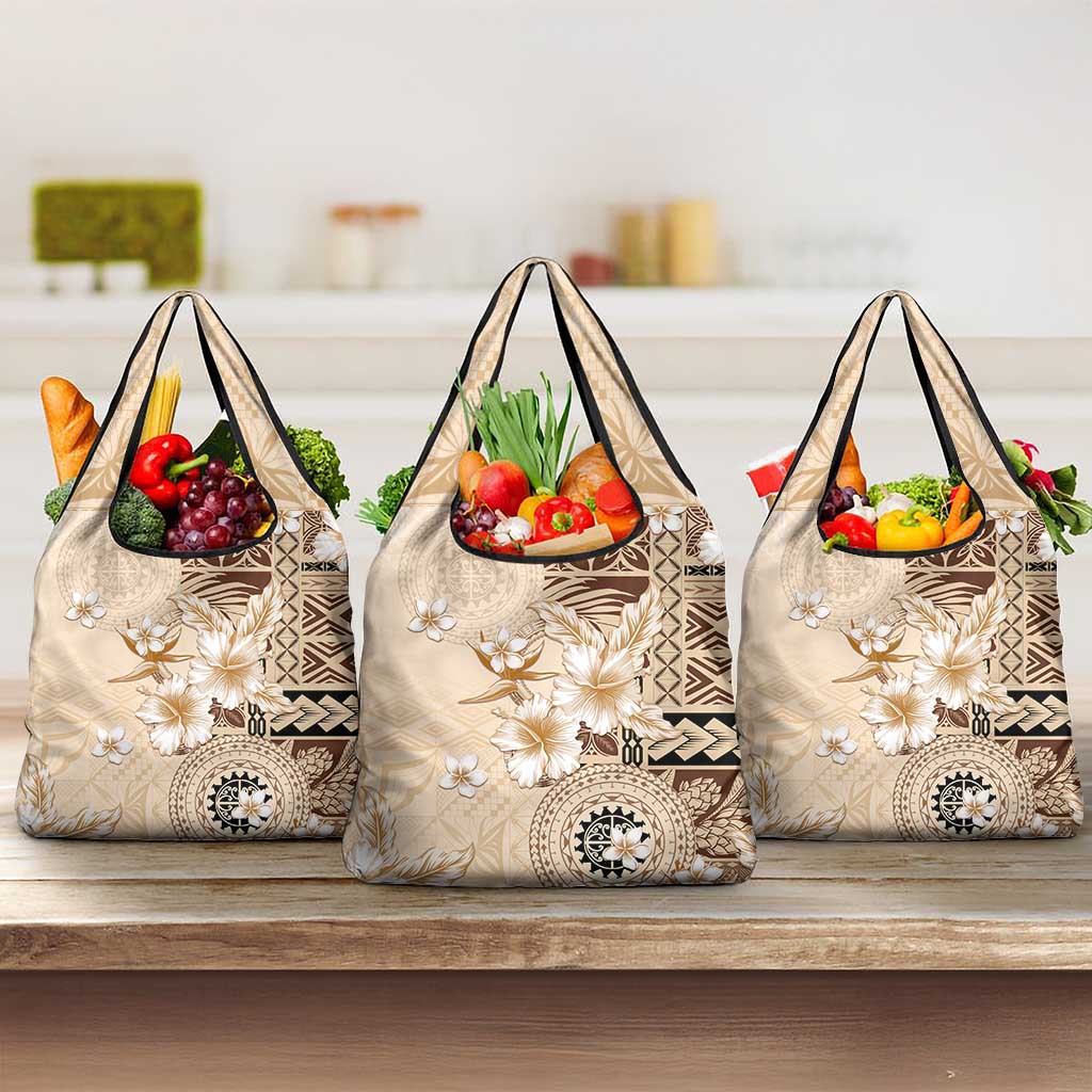 Samoa Siapo Pattern With Beige Hibiscus Grocery Bag