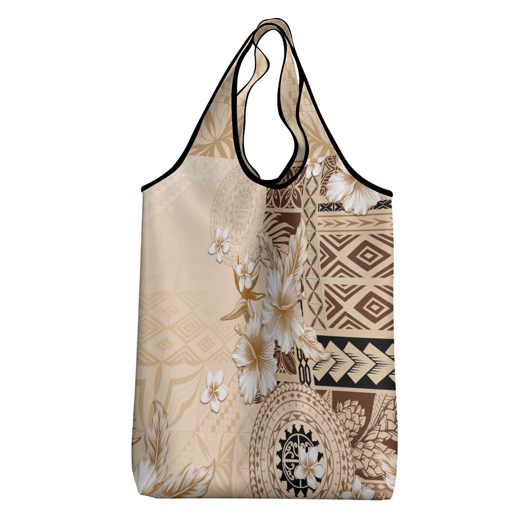 Samoa Siapo Pattern With Beige Hibiscus Grocery Bag