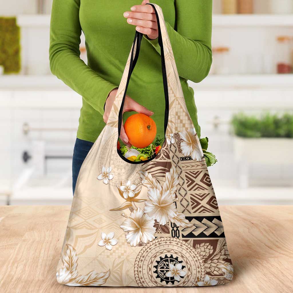 Samoa Siapo Pattern With Beige Hibiscus Grocery Bag