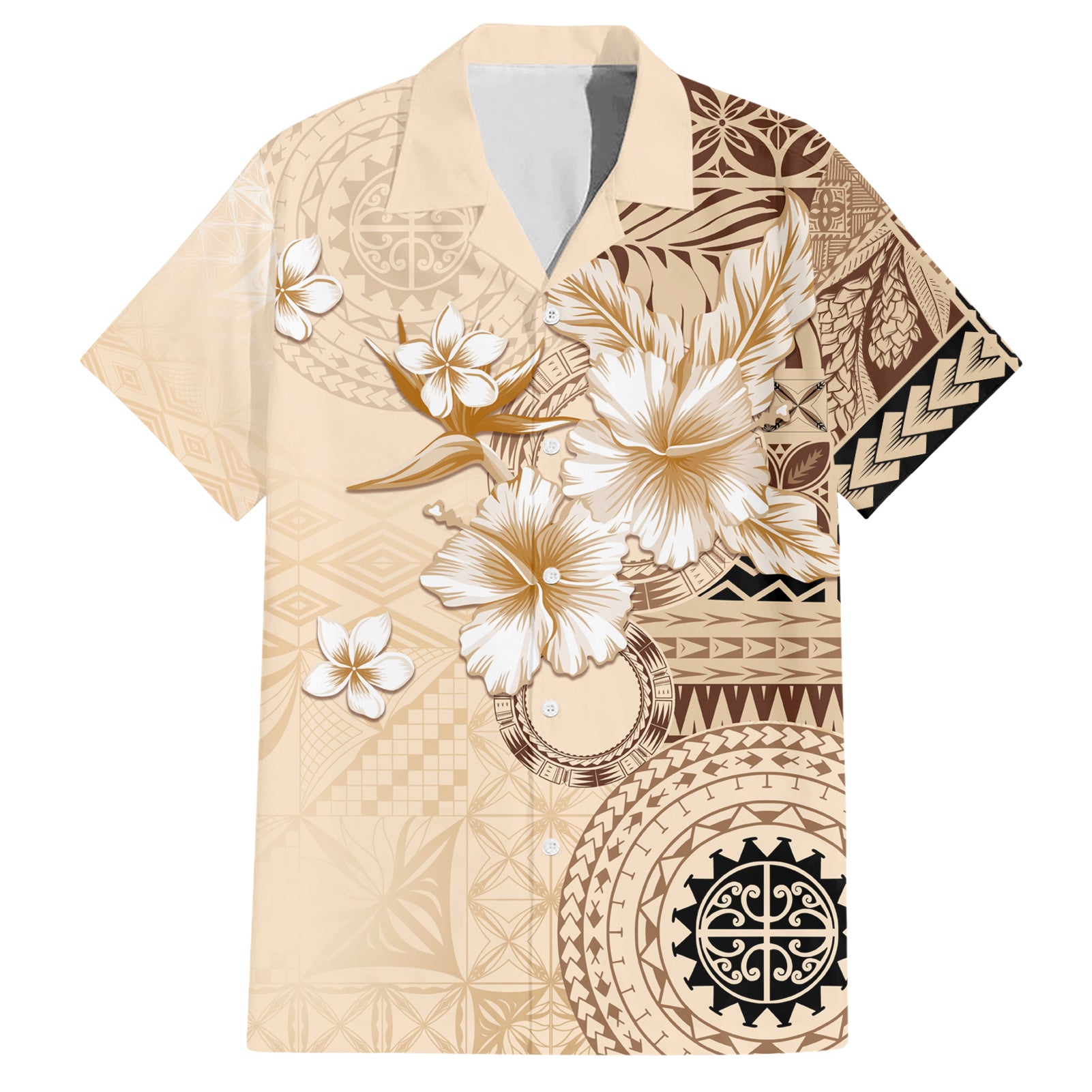 Samoa Siapo Pattern With Beige Hibiscus Hawaiian Shirt LT05 Beige - Polynesian Pride