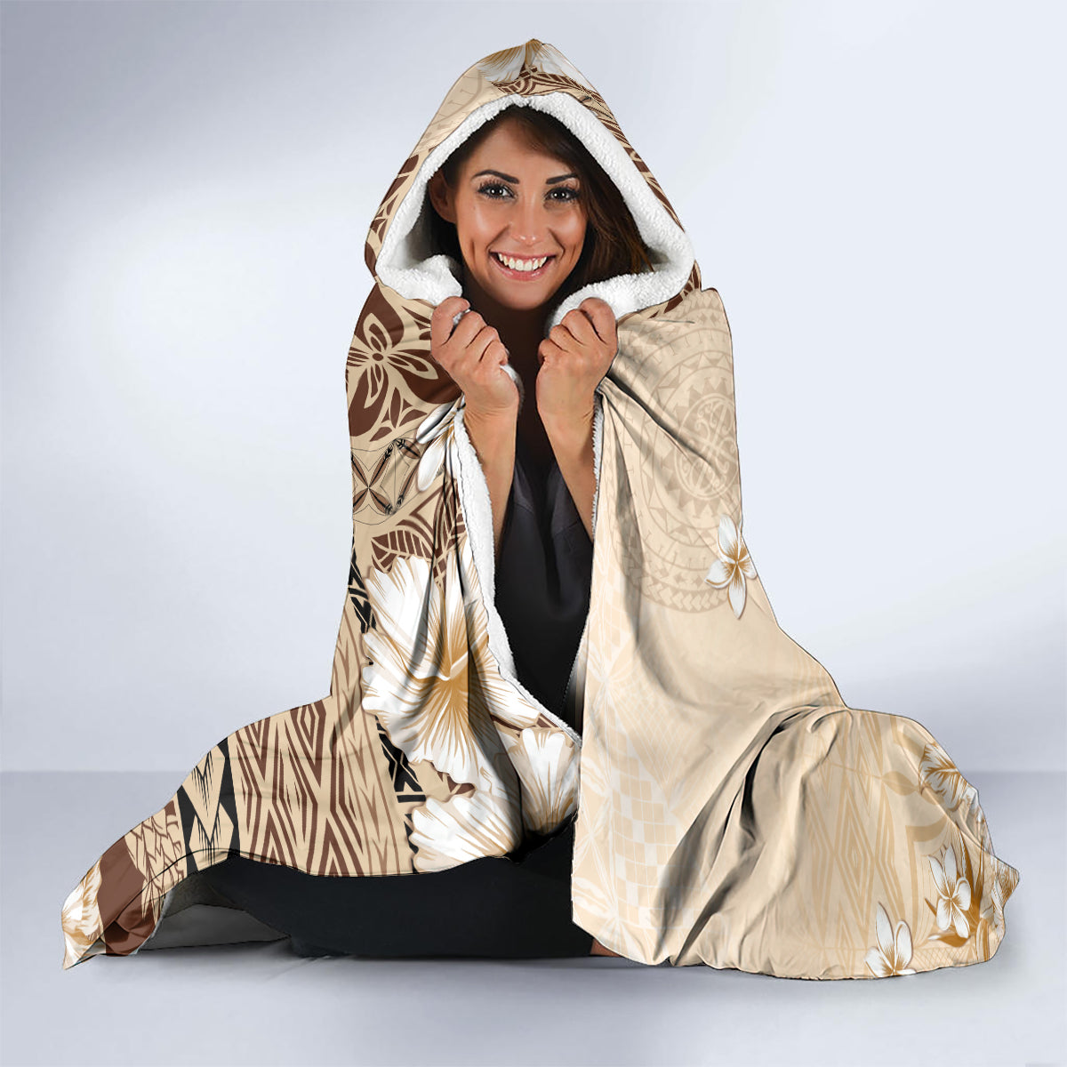 Samoa Siapo Pattern With Beige Hibiscus Hooded Blanket