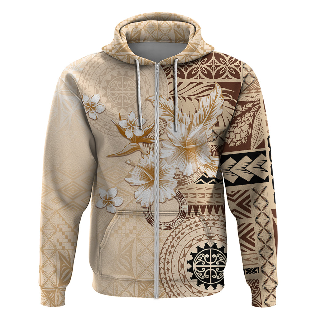 Samoa Siapo Pattern With Beige Hibiscus Hoodie LT05 Zip Hoodie Beige - Polynesian Pride