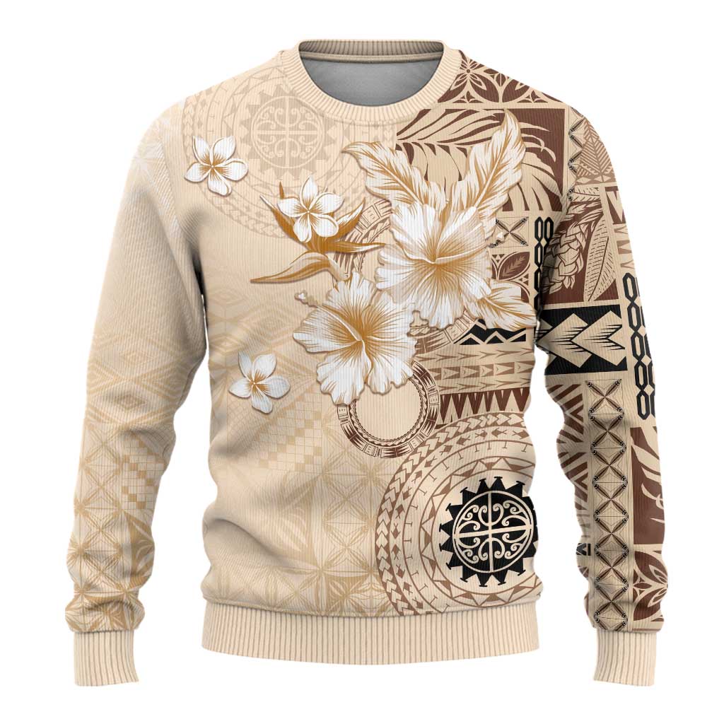 Samoa Siapo Pattern With Beige Hibiscus Ugly Christmas Sweater