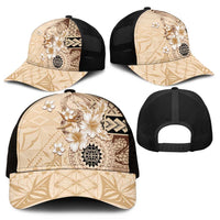 Samoa Siapo Pattern With Beige Hibiscus Mesh Trucker Cap - Polynesian Pride