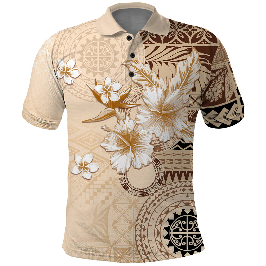 Samoa Siapo Pattern With Beige Hibiscus Polo Shirt LT05 Beige - Polynesian Pride