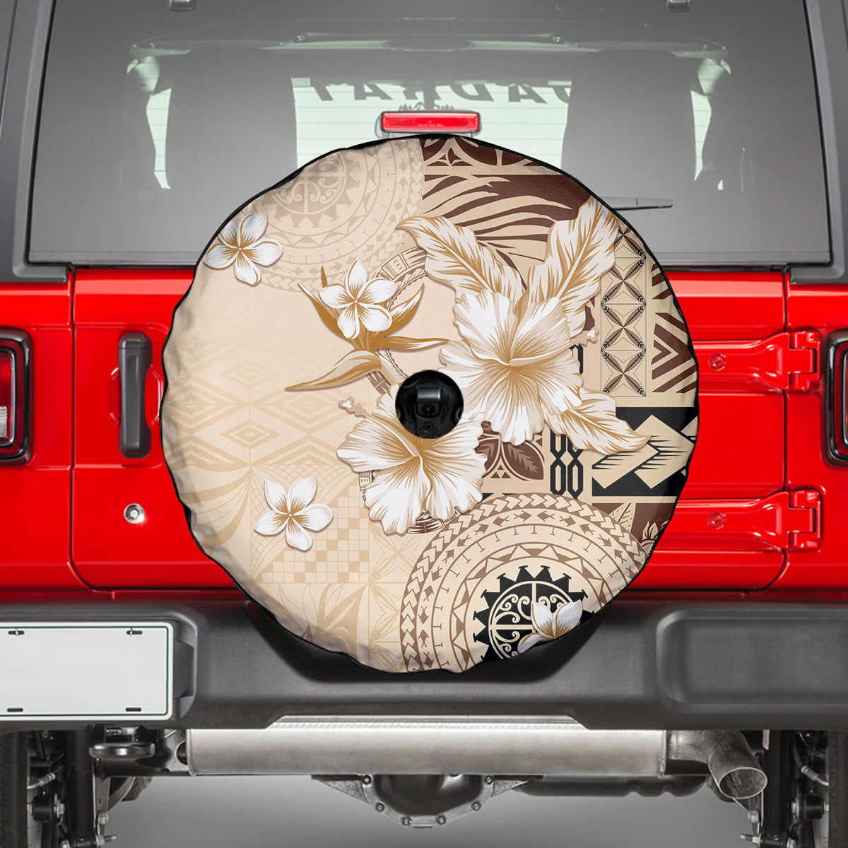 Samoa Siapo Pattern With Beige Hibiscus Spare Tire Cover