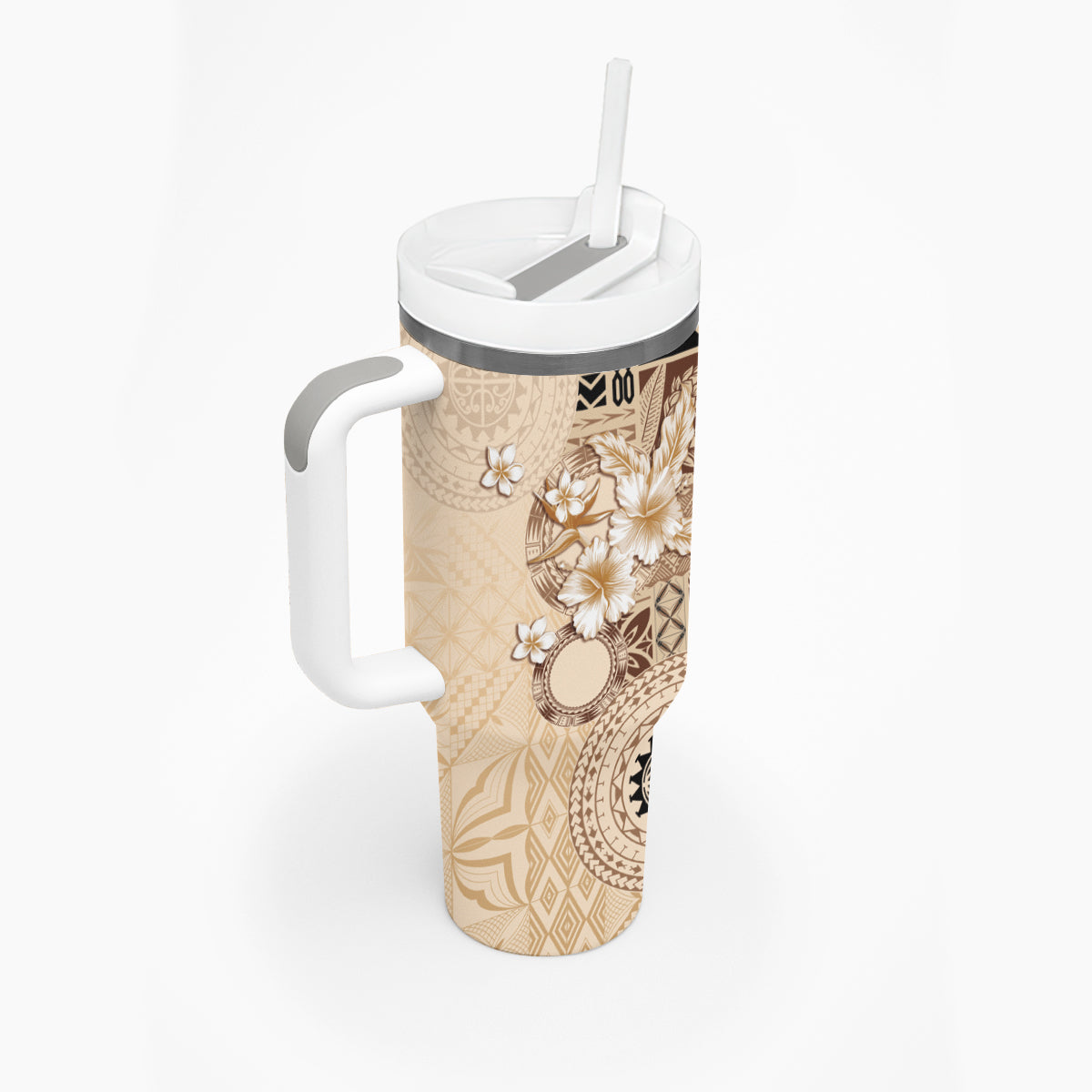 Samoa Siapo Pattern With Beige Hibiscus Tumbler With Handle