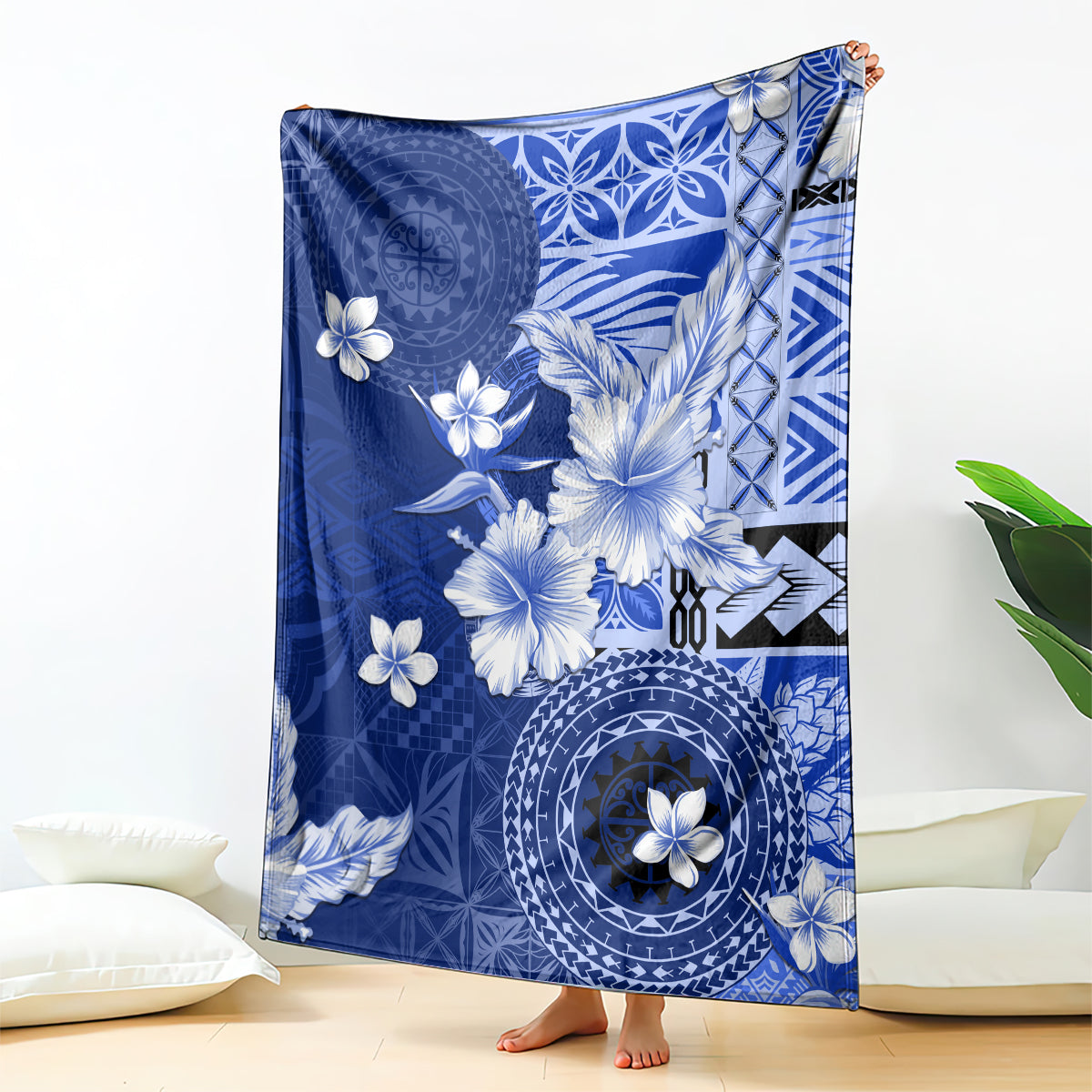 Samoa Siapo Pattern With Navy Hibiscus Blanket LT05 - Polynesian Pride