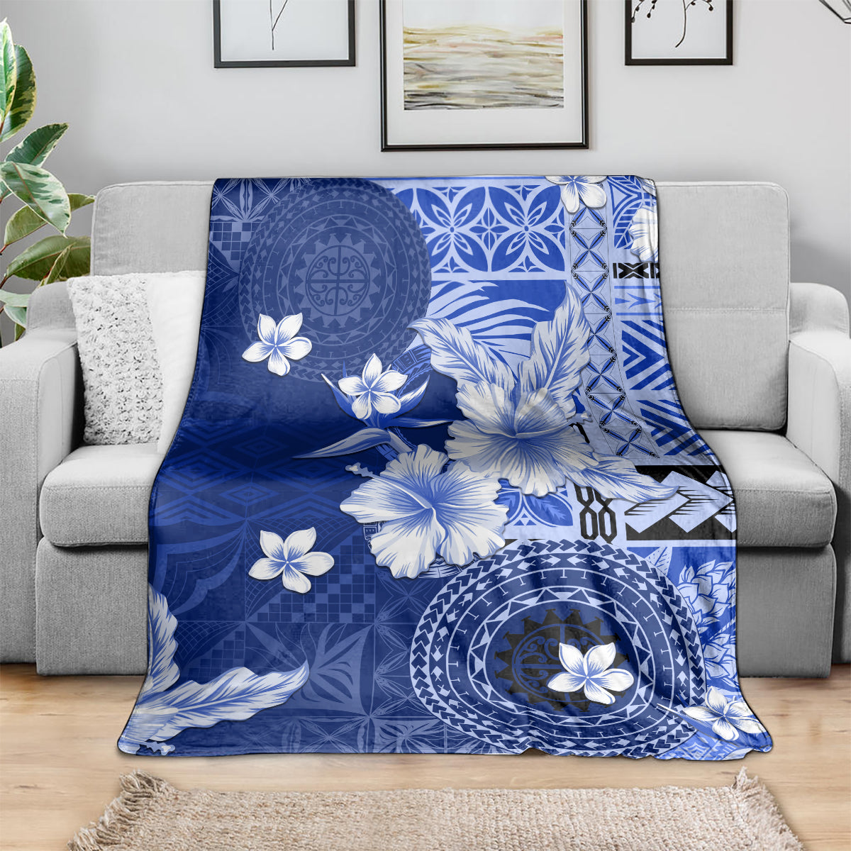 Samoa Siapo Pattern With Navy Hibiscus Blanket LT05 - Polynesian Pride
