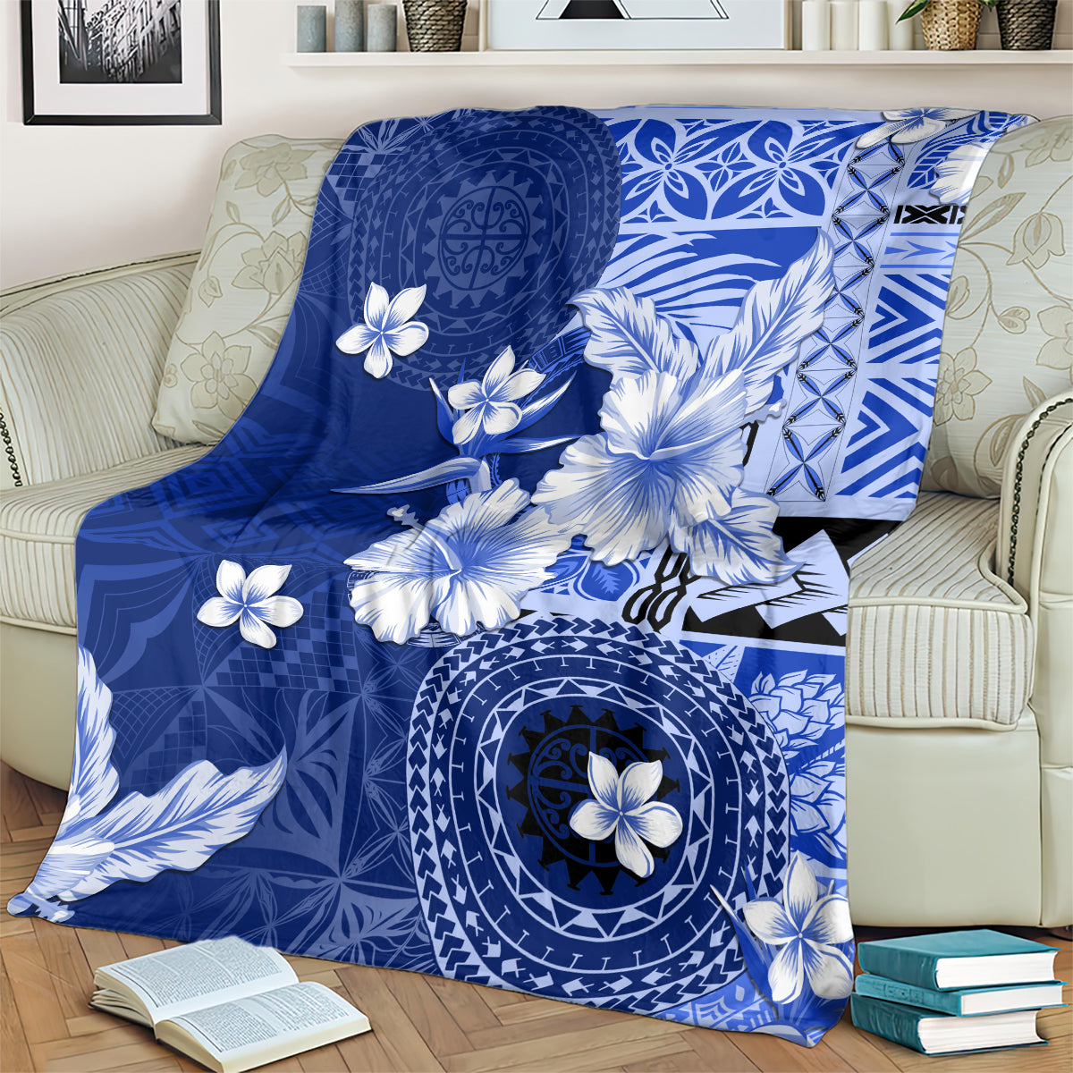 Samoa Siapo Pattern With Navy Hibiscus Blanket LT05 - Polynesian Pride