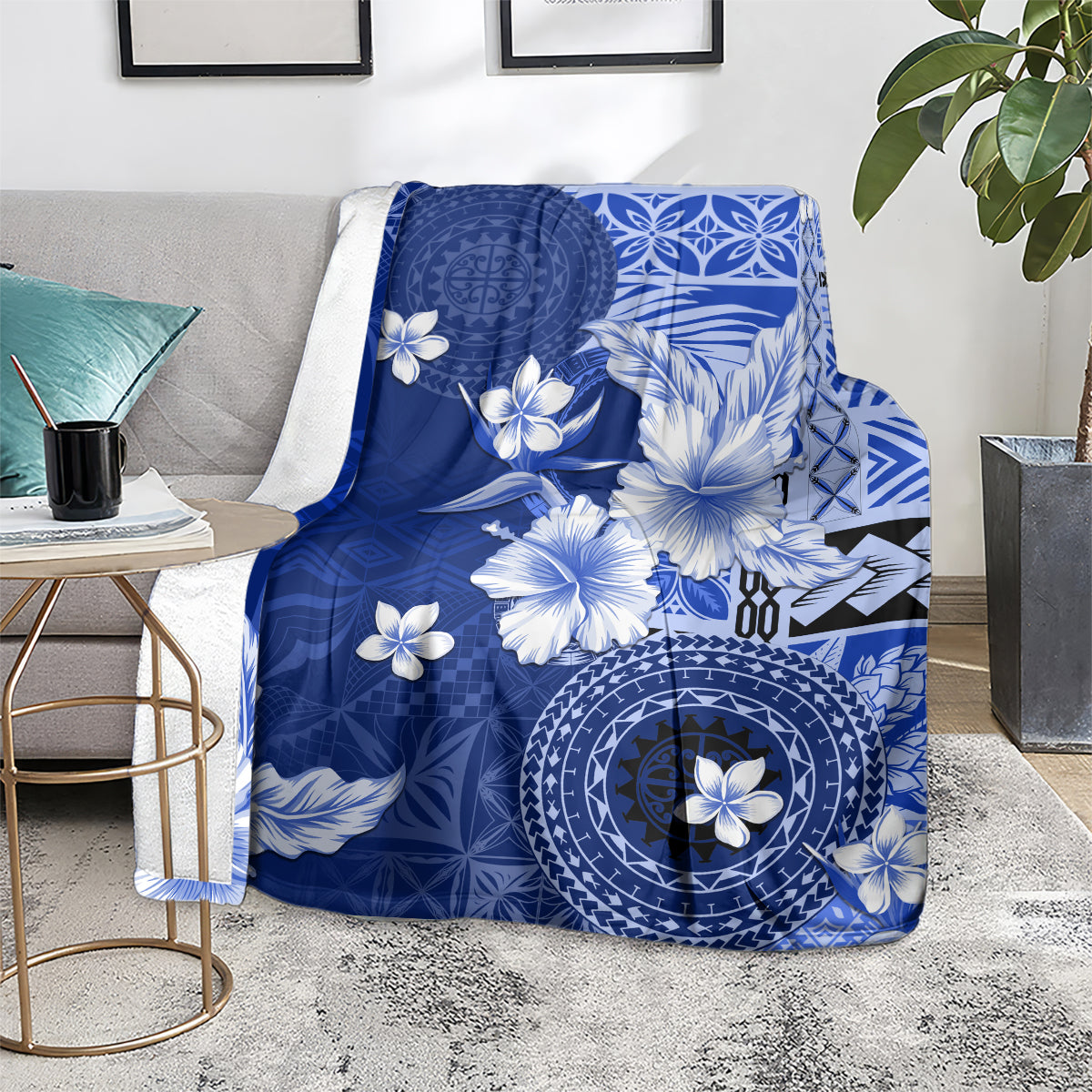 Samoa Siapo Pattern With Navy Hibiscus Blanket LT05 - Polynesian Pride