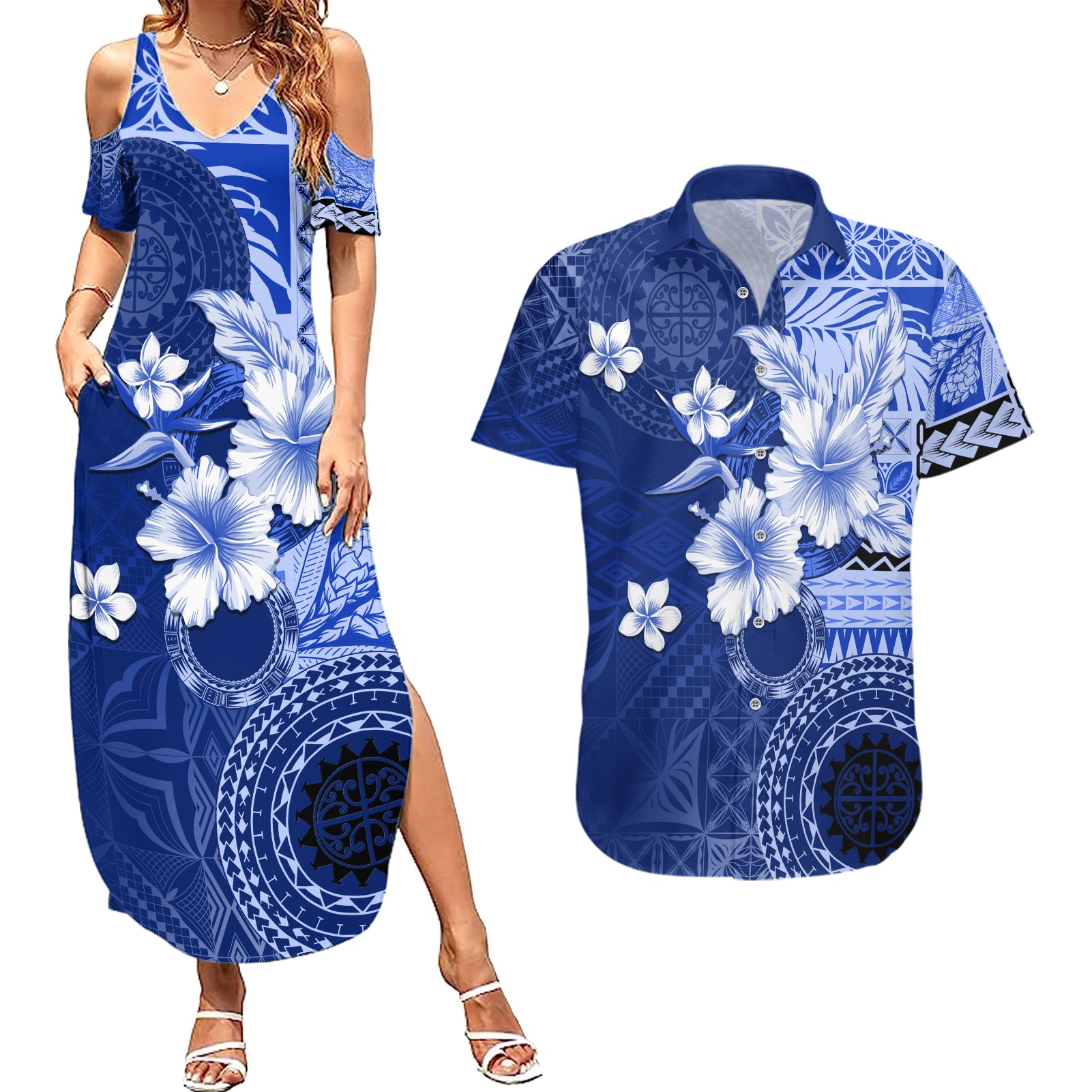 Samoa Siapo Pattern With Navy Hibiscus Couples Matching Summer Maxi Dress and Hawaiian Shirt LT05 Navy - Polynesian Pride