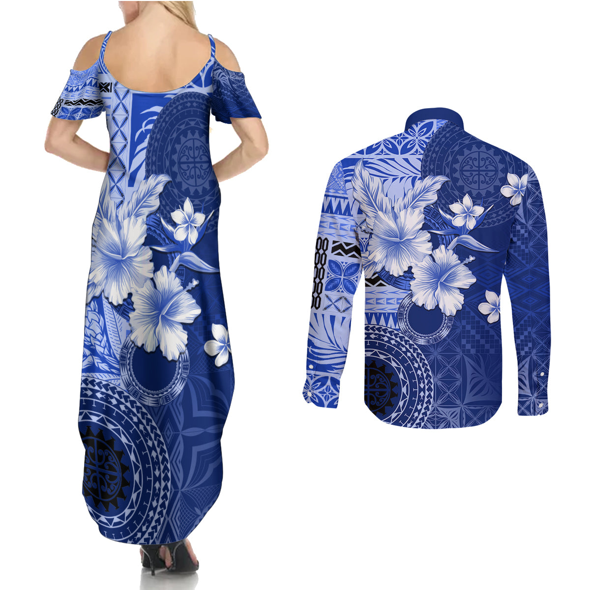 Samoa Siapo Pattern With Navy Hibiscus Couples Matching Summer Maxi Dress and Long Sleeve Button Shirt LT05 - Polynesian Pride
