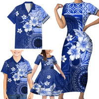 Samoa Siapo Pattern With Navy Hibiscus Family Matching Short Sleeve Bodycon Dress and Hawaiian Shirt LT05 - Polynesian Pride