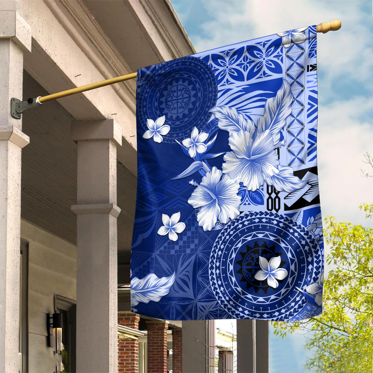 Samoa Siapo Pattern With Navy Hibiscus Garden Flag
