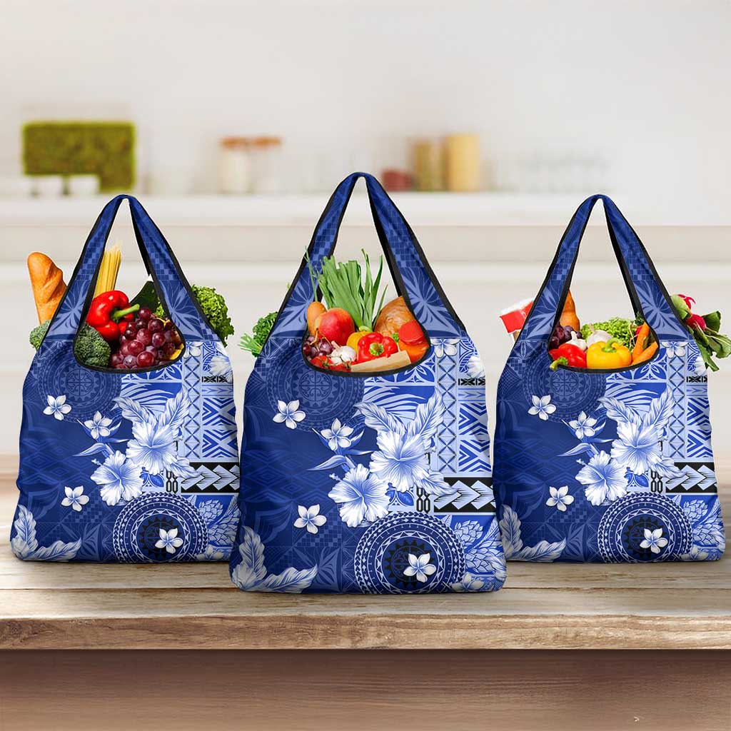Samoa Siapo Pattern With Navy Hibiscus Grocery Bag