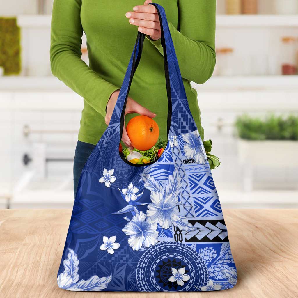 Samoa Siapo Pattern With Navy Hibiscus Grocery Bag