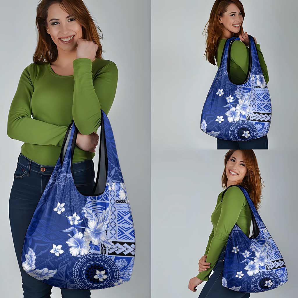 Samoa Siapo Pattern With Navy Hibiscus Grocery Bag