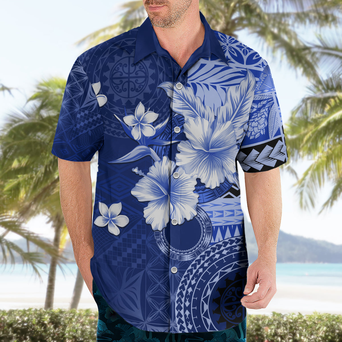 Samoa Siapo Pattern With Navy Hibiscus Hawaiian Shirt LT05 - Polynesian Pride