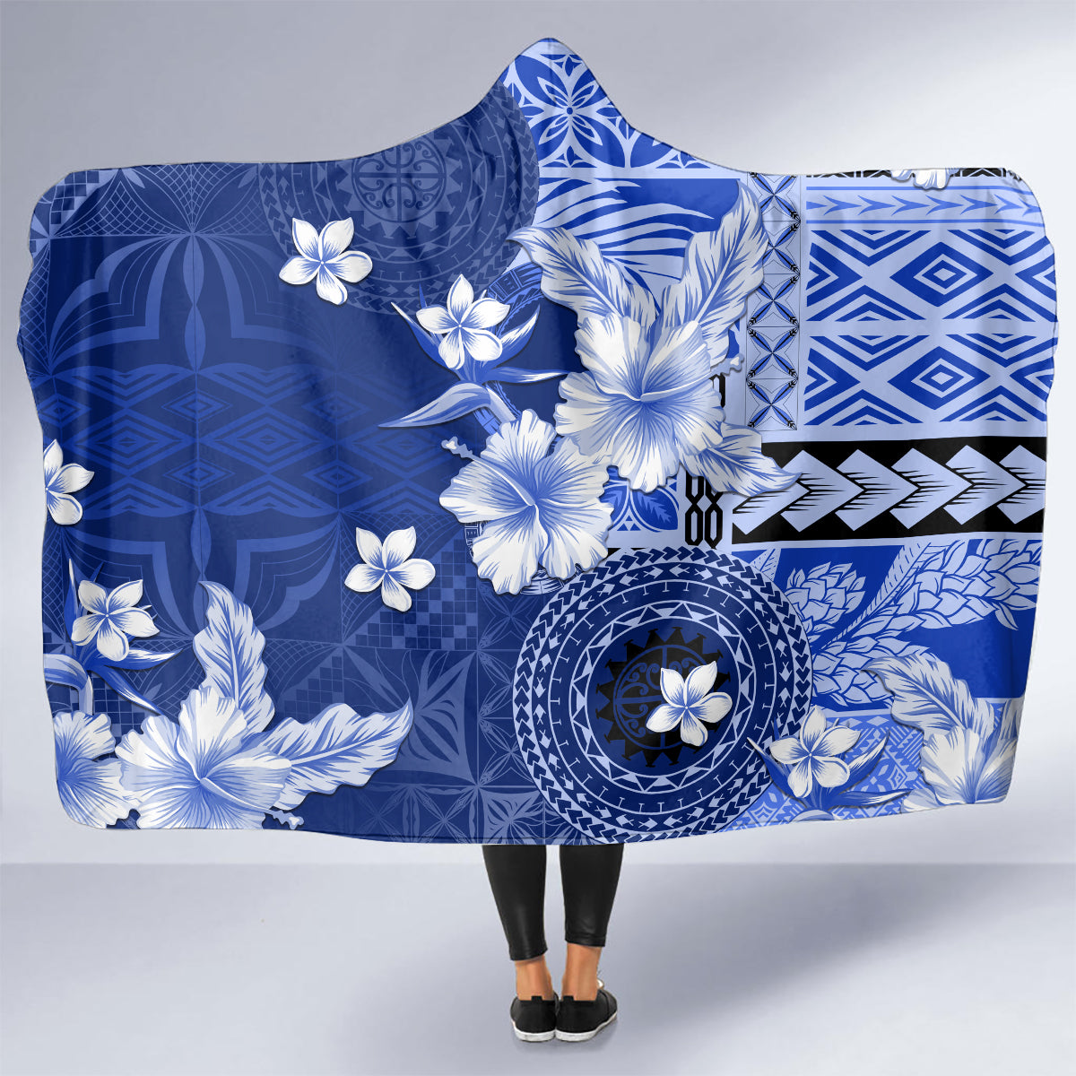 Samoa Siapo Pattern With Navy Hibiscus Hooded Blanket LT05 - Polynesian Pride
