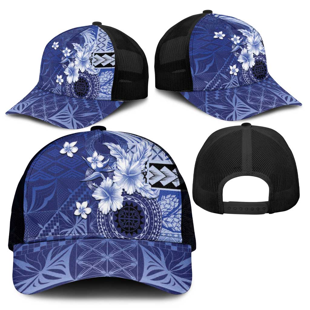 Samoa Siapo Pattern With Navy Hibiscus Mesh Trucker Cap - Polynesian Pride