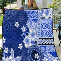 Samoa Siapo Pattern With Navy Hibiscus Quilt LT05 Navy - Polynesian Pride