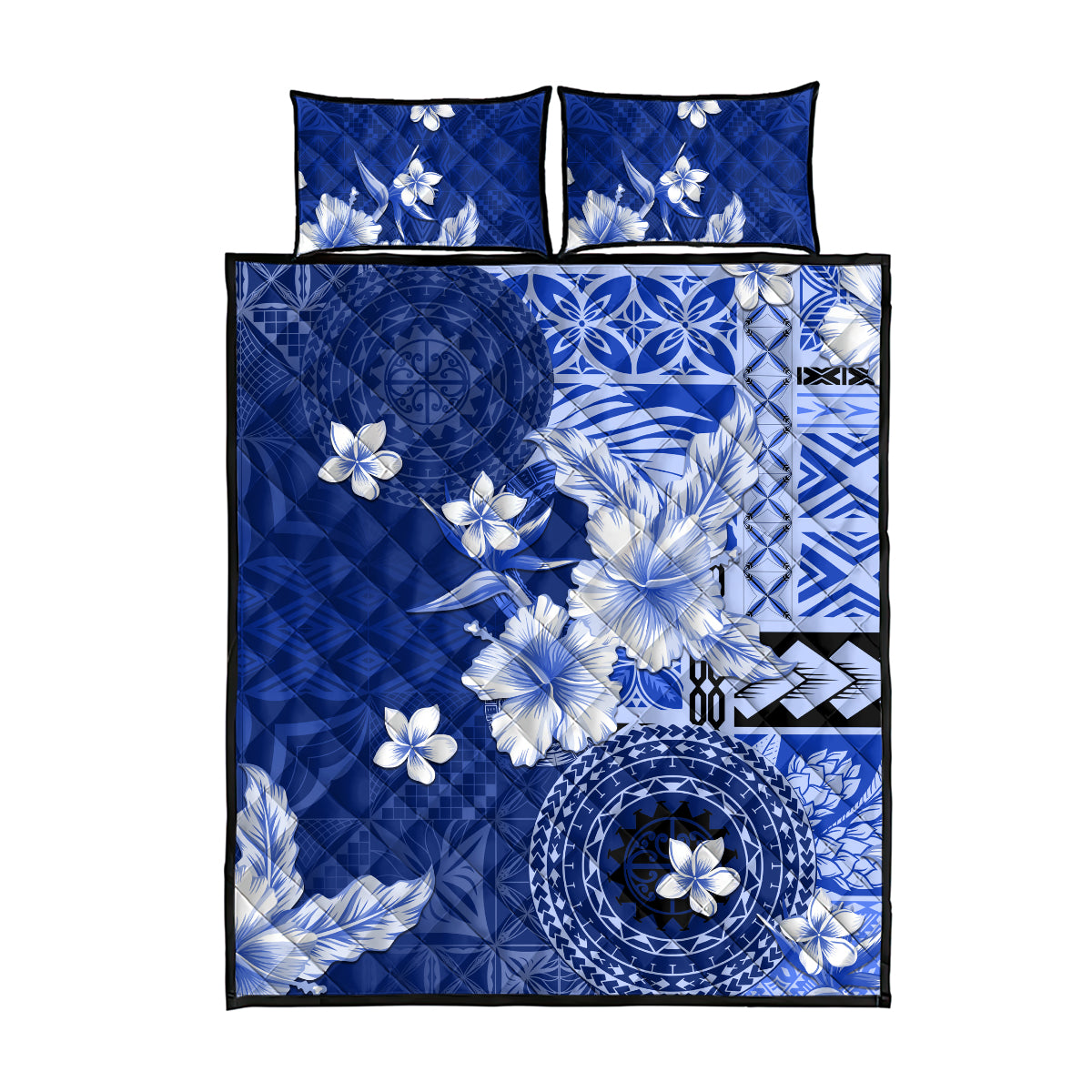 Samoa Siapo Pattern With Navy Hibiscus Quilt Bed Set LT05 - Polynesian Pride