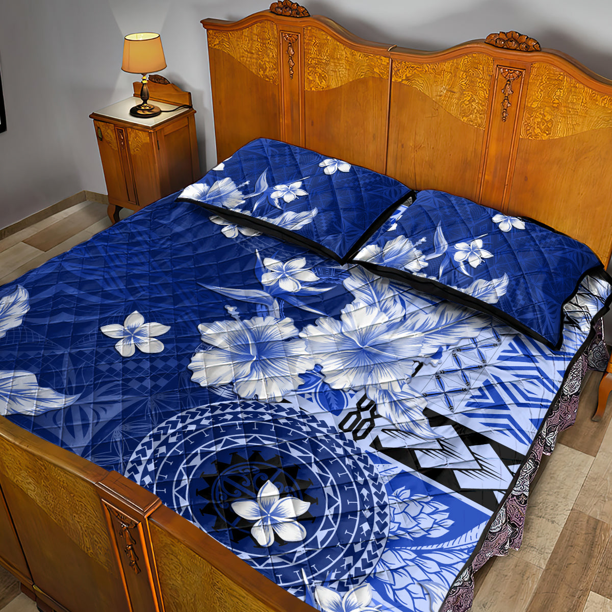 Samoa Siapo Pattern With Navy Hibiscus Quilt Bed Set LT05 - Polynesian Pride