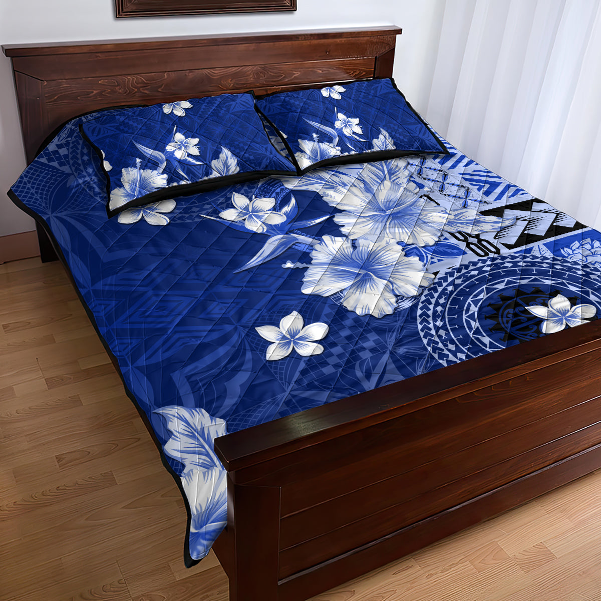 Samoa Siapo Pattern With Navy Hibiscus Quilt Bed Set LT05 - Polynesian Pride