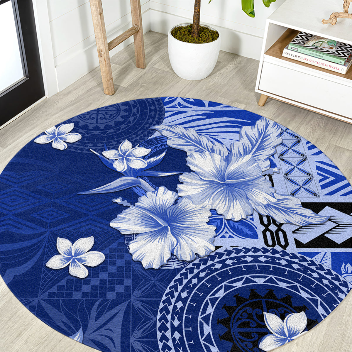 Samoa Siapo Pattern With Navy Hibiscus Round Carpet